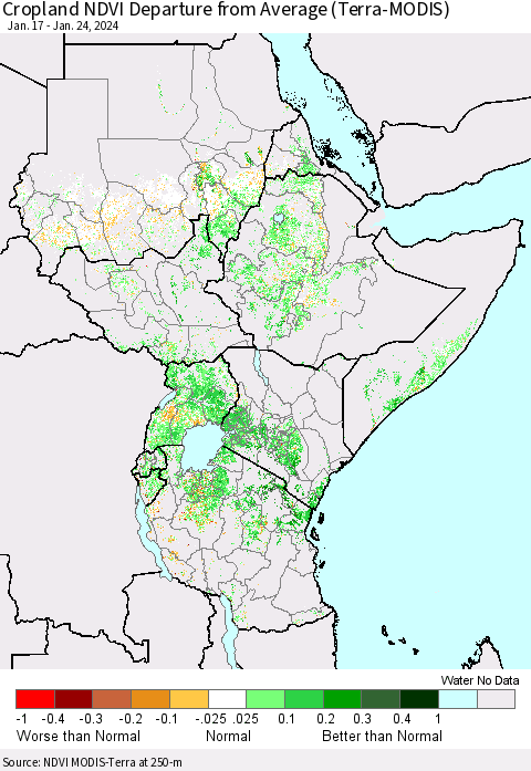 Eastern Africa Cropland NDVI Departure from Average (Terra-MODIS) Thematic Map For 1/17/2024 - 1/24/2024