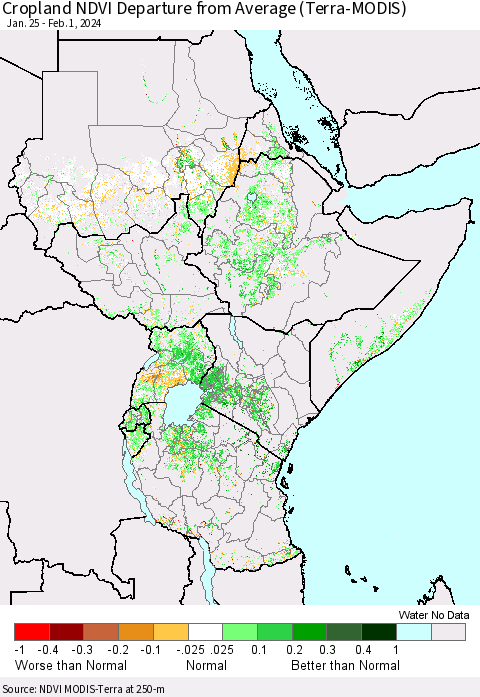 Eastern Africa Cropland NDVI Departure from Average (Terra-MODIS) Thematic Map For 1/25/2024 - 2/1/2024