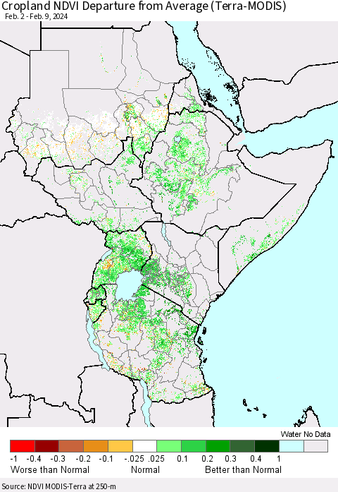 Eastern Africa Cropland NDVI Departure from Average (Terra-MODIS) Thematic Map For 2/2/2024 - 2/9/2024