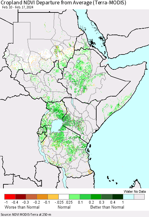 Eastern Africa Cropland NDVI Departure from Average (Terra-MODIS) Thematic Map For 2/10/2024 - 2/17/2024