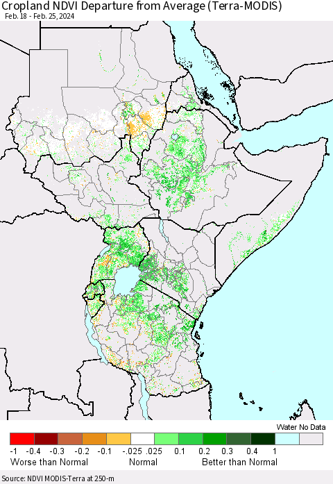 Eastern Africa Cropland NDVI Departure from Average (Terra-MODIS) Thematic Map For 2/18/2024 - 2/25/2024