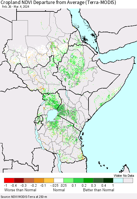 Eastern Africa Cropland NDVI Departure from Average (Terra-MODIS) Thematic Map For 2/26/2024 - 3/4/2024