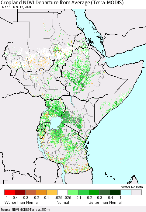 Eastern Africa Cropland NDVI Departure from Average (Terra-MODIS) Thematic Map For 3/5/2024 - 3/12/2024