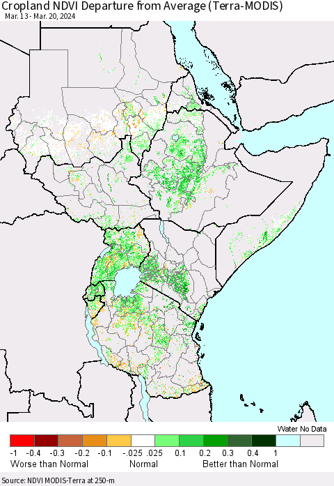 Eastern Africa Cropland NDVI Departure from Average (Terra-MODIS) Thematic Map For 3/13/2024 - 3/20/2024