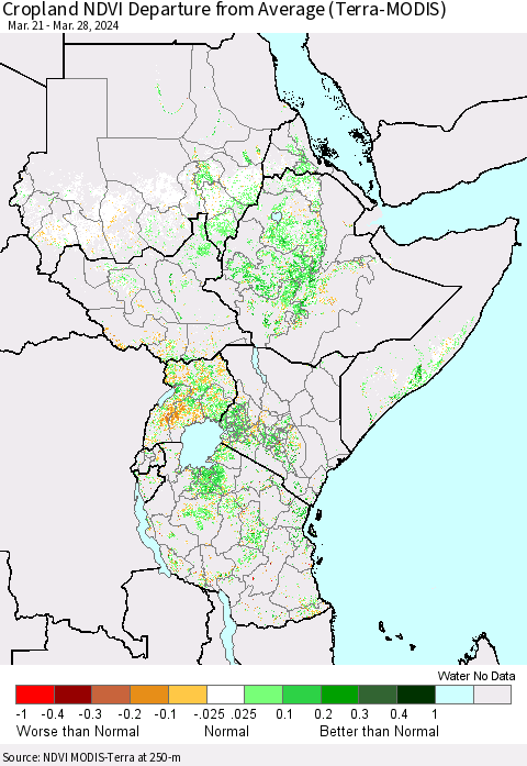 Eastern Africa Cropland NDVI Departure from Average (Terra-MODIS) Thematic Map For 3/21/2024 - 3/28/2024