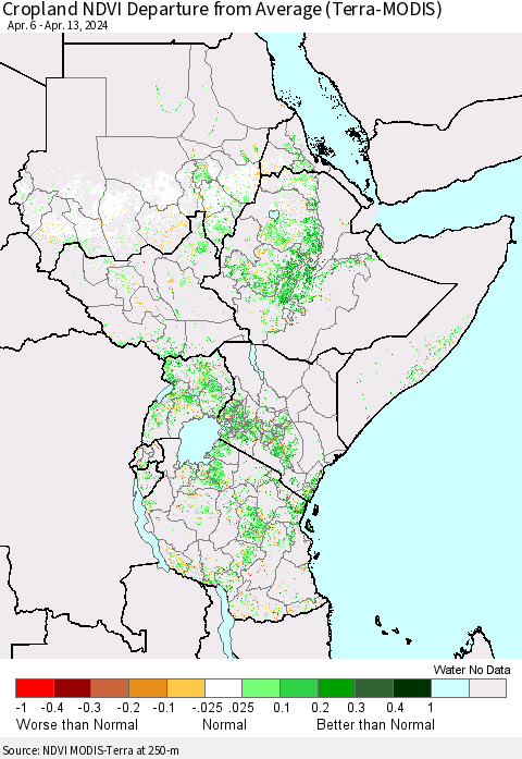 Eastern Africa Cropland NDVI Departure from Average (Terra-MODIS) Thematic Map For 4/6/2024 - 4/13/2024