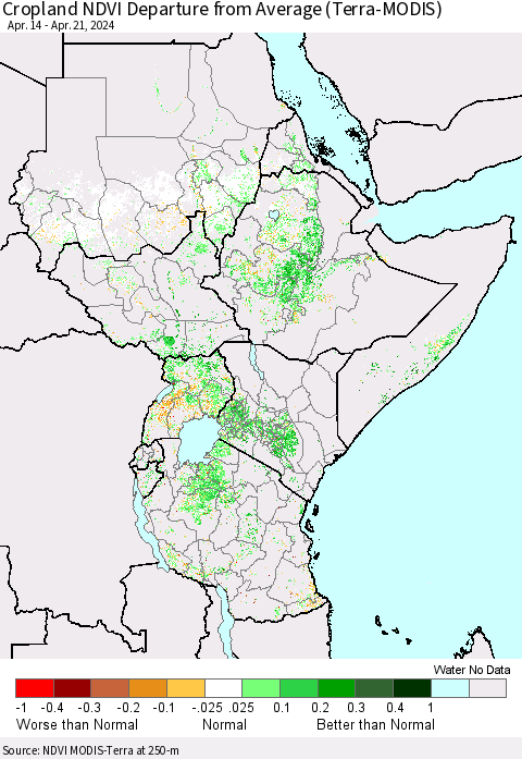 Eastern Africa Cropland NDVI Departure from Average (Terra-MODIS) Thematic Map For 4/14/2024 - 4/21/2024