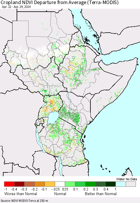 Eastern Africa Cropland NDVI Departure from Average (Terra-MODIS) Thematic Map For 4/22/2024 - 4/29/2024