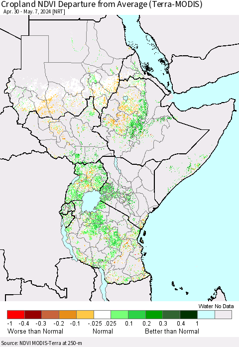 Eastern Africa Cropland NDVI Departure from Average (Terra-MODIS) Thematic Map For 4/30/2024 - 5/7/2024