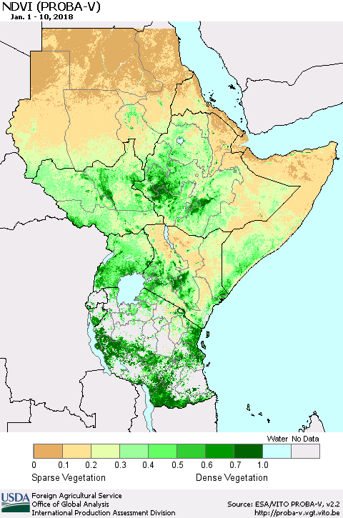 Eastern Africa NDVI (PROBA-V) Thematic Map For 1/1/2018 - 1/10/2018