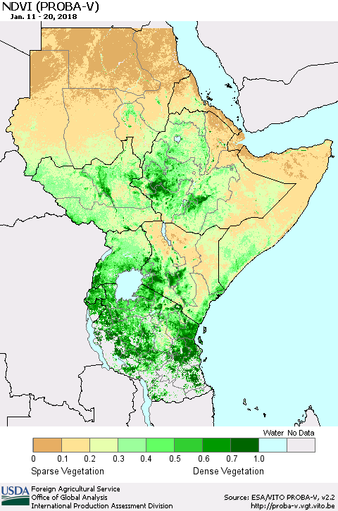 Eastern Africa NDVI (PROBA-V) Thematic Map For 1/11/2018 - 1/20/2018