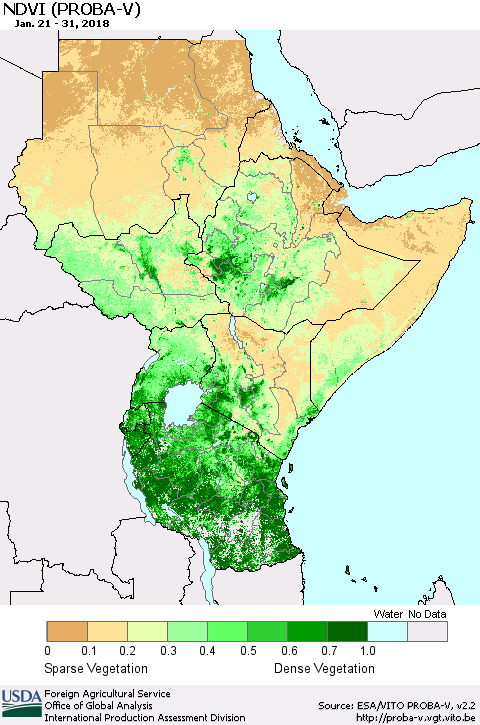 Eastern Africa NDVI (PROBA-V) Thematic Map For 1/21/2018 - 1/31/2018
