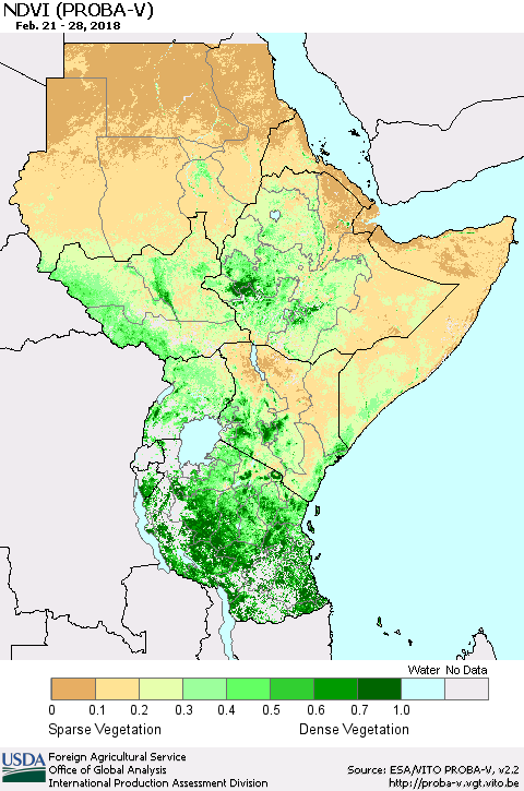 Eastern Africa NDVI (PROBA-V) Thematic Map For 2/21/2018 - 2/28/2018