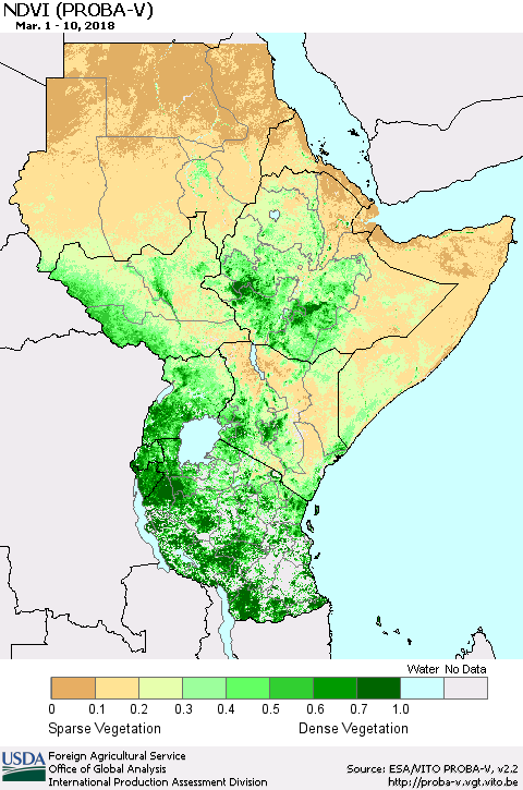 Eastern Africa NDVI (PROBA-V) Thematic Map For 3/1/2018 - 3/10/2018