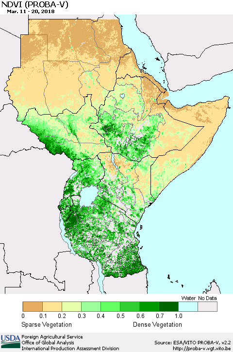 Eastern Africa NDVI (PROBA-V) Thematic Map For 3/11/2018 - 3/20/2018