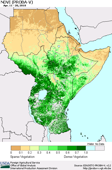 Eastern Africa NDVI (PROBA-V) Thematic Map For 4/11/2018 - 4/20/2018