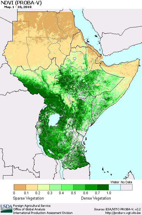 Eastern Africa NDVI (PROBA-V) Thematic Map For 5/1/2018 - 5/10/2018