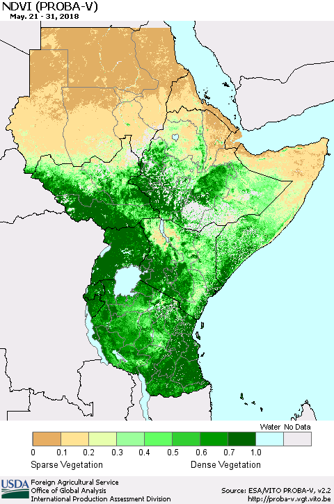 Eastern Africa NDVI (PROBA-V) Thematic Map For 5/21/2018 - 5/31/2018
