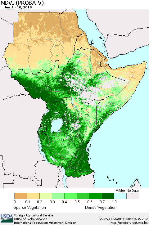 Eastern Africa NDVI (PROBA-V) Thematic Map For 6/1/2018 - 6/10/2018