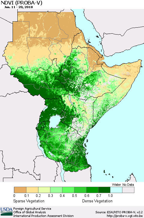 Eastern Africa NDVI (PROBA-V) Thematic Map For 6/11/2018 - 6/20/2018