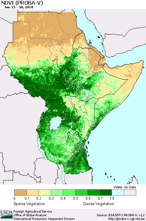 Eastern Africa NDVI (PROBA-V) Thematic Map For 6/21/2018 - 6/30/2018