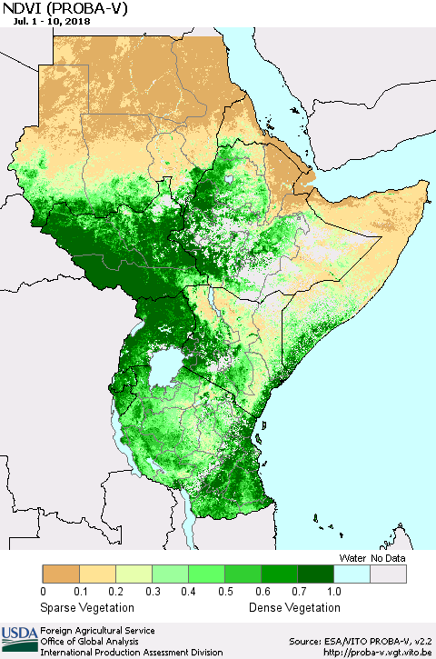 Eastern Africa NDVI (PROBA-V) Thematic Map For 7/1/2018 - 7/10/2018