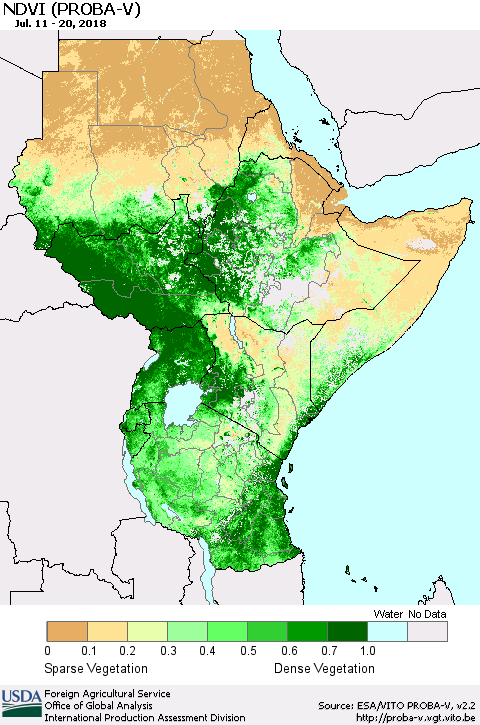 Eastern Africa NDVI (PROBA-V) Thematic Map For 7/11/2018 - 7/20/2018