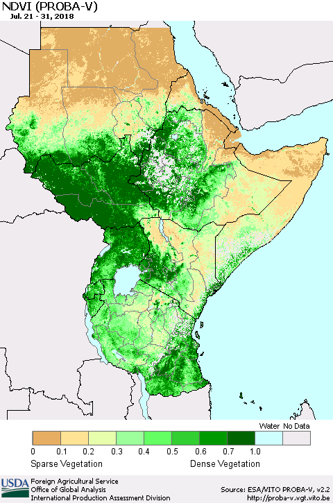 Eastern Africa NDVI (PROBA-V) Thematic Map For 7/21/2018 - 7/31/2018