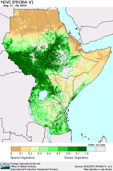 Eastern Africa NDVI (PROBA-V) Thematic Map For 8/11/2018 - 8/20/2018