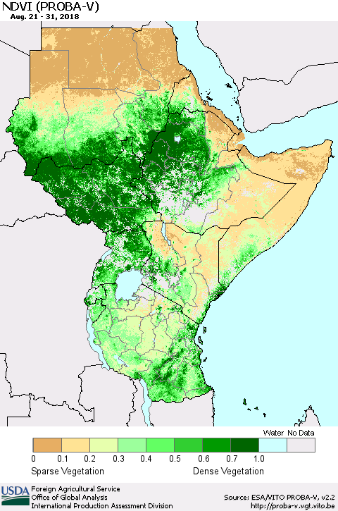 Eastern Africa NDVI (PROBA-V) Thematic Map For 8/21/2018 - 8/31/2018
