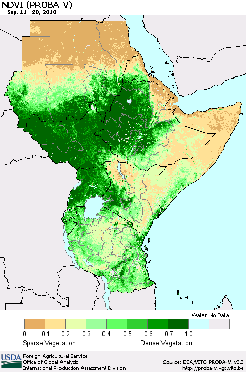 Eastern Africa NDVI (PROBA-V) Thematic Map For 9/11/2018 - 9/20/2018