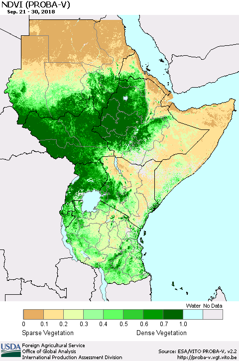 Eastern Africa NDVI (PROBA-V) Thematic Map For 9/21/2018 - 9/30/2018