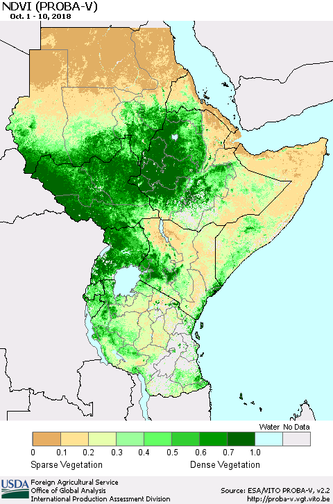 Eastern Africa NDVI (PROBA-V) Thematic Map For 10/1/2018 - 10/10/2018