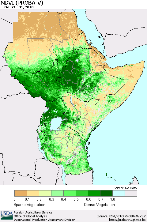 Eastern Africa NDVI (PROBA-V) Thematic Map For 10/21/2018 - 10/31/2018