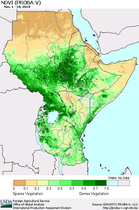 Eastern Africa NDVI (PROBA-V) Thematic Map For 11/1/2018 - 11/10/2018