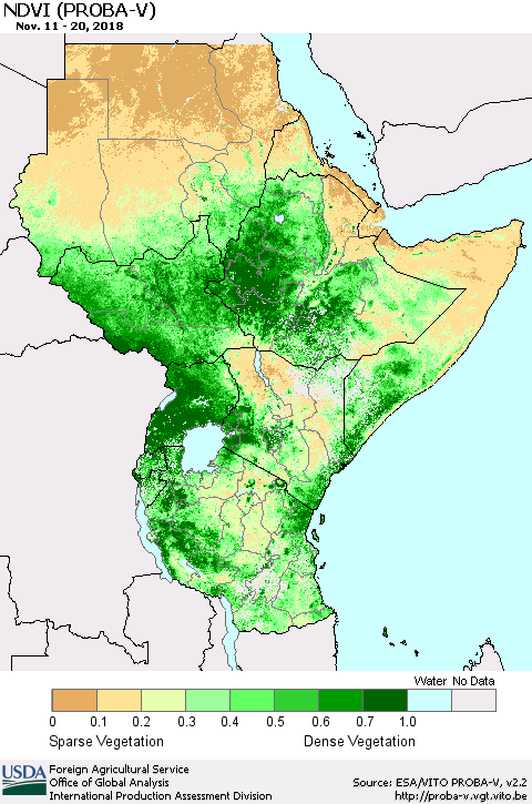 Eastern Africa NDVI (PROBA-V) Thematic Map For 11/11/2018 - 11/20/2018