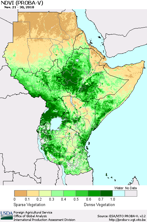 Eastern Africa NDVI (PROBA-V) Thematic Map For 11/21/2018 - 11/30/2018