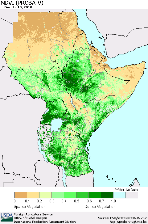 Eastern Africa NDVI (PROBA-V) Thematic Map For 12/1/2018 - 12/10/2018
