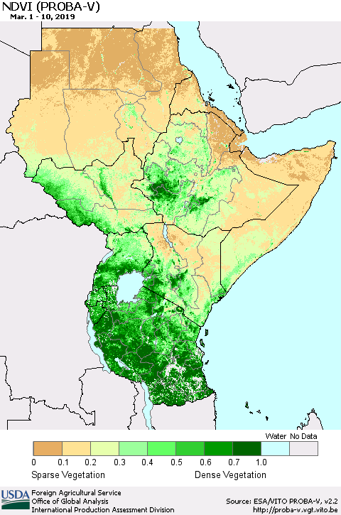 Eastern Africa NDVI (PROBA-V) Thematic Map For 3/1/2019 - 3/10/2019
