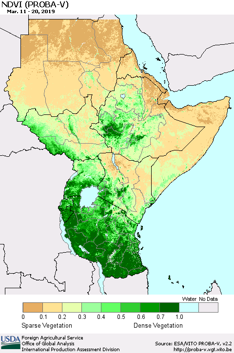 Eastern Africa NDVI (PROBA-V) Thematic Map For 3/11/2019 - 3/20/2019