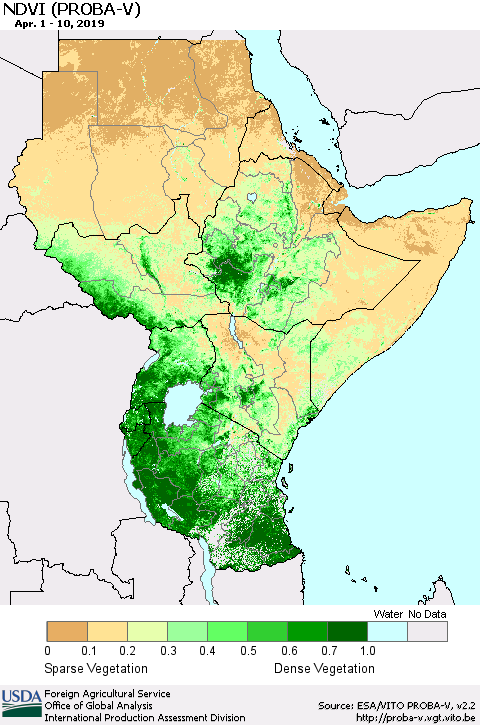 Eastern Africa NDVI (PROBA-V) Thematic Map For 4/1/2019 - 4/10/2019