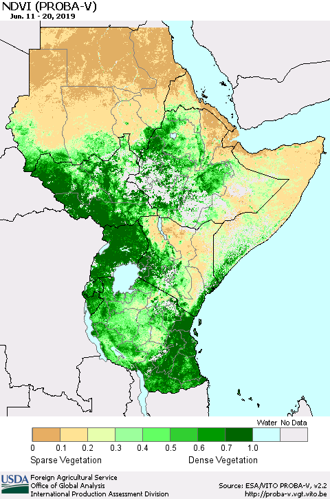 Eastern Africa NDVI (PROBA-V) Thematic Map For 6/11/2019 - 6/20/2019