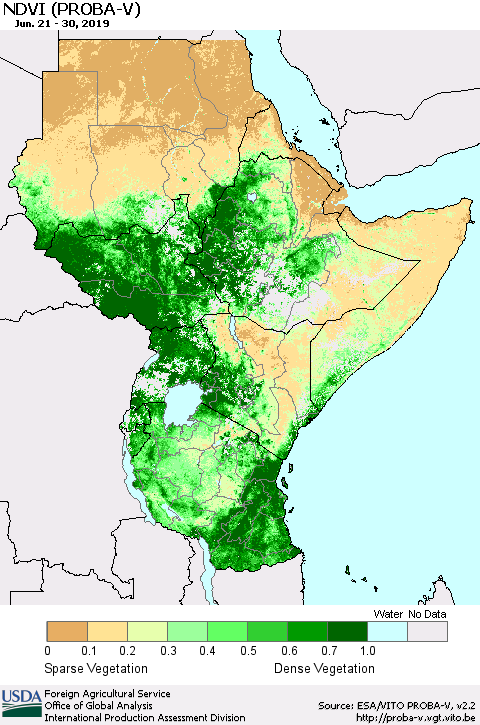 Eastern Africa NDVI (PROBA-V) Thematic Map For 6/21/2019 - 6/30/2019