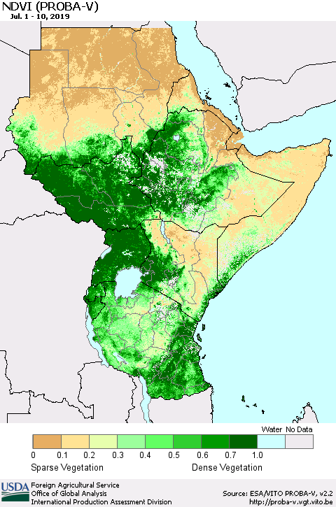 Eastern Africa NDVI (PROBA-V) Thematic Map For 7/1/2019 - 7/10/2019