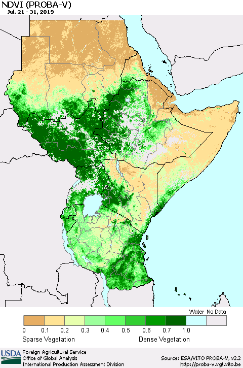 Eastern Africa NDVI (PROBA-V) Thematic Map For 7/21/2019 - 7/31/2019
