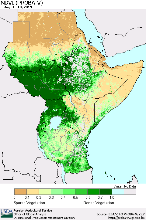 Eastern Africa NDVI (PROBA-V) Thematic Map For 8/1/2019 - 8/10/2019