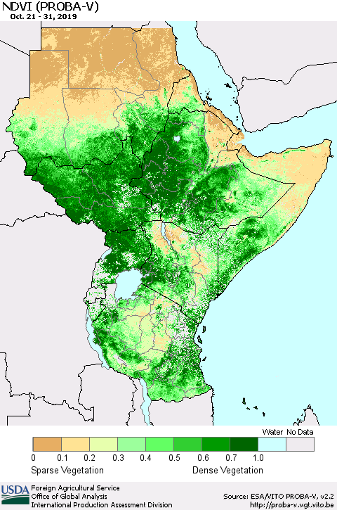 Eastern Africa NDVI (PROBA-V) Thematic Map For 10/21/2019 - 10/31/2019