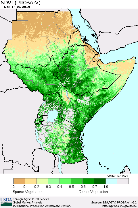 Eastern Africa NDVI (PROBA-V) Thematic Map For 12/1/2019 - 12/10/2019