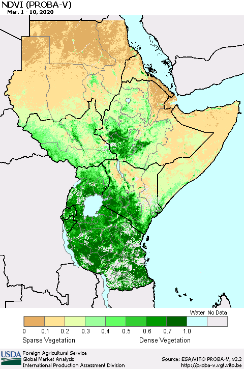 Eastern Africa NDVI (PROBA-V) Thematic Map For 3/1/2020 - 3/10/2020