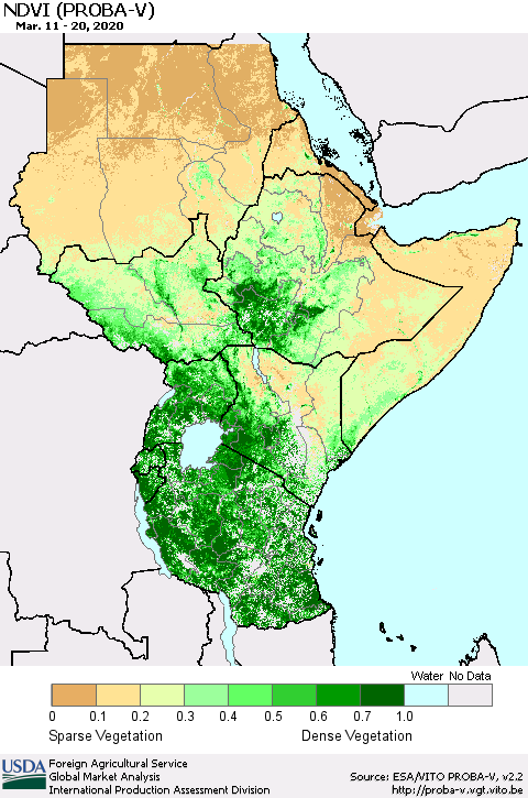 Eastern Africa NDVI (PROBA-V) Thematic Map For 3/11/2020 - 3/20/2020